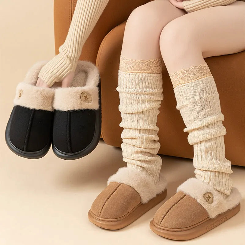 Winter warm plush slippers with thick PVC soles and fleece construction in multiple colours