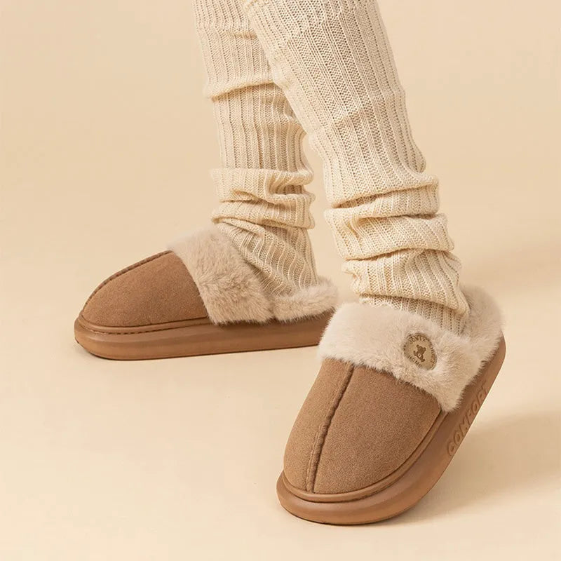 Winter warm plush slippers with thick PVC soles and fleece construction in multiple colours