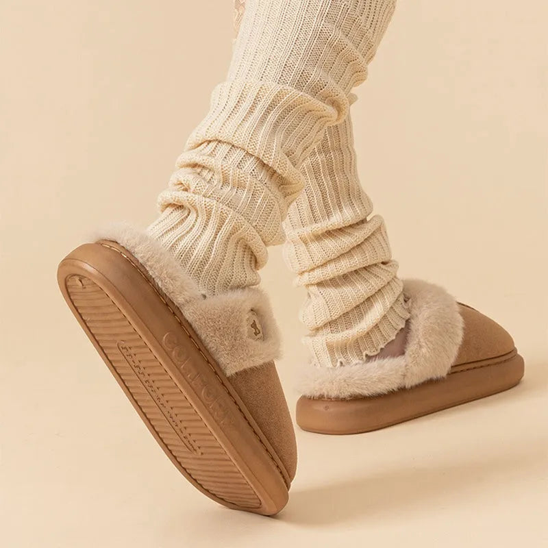 Winter warm plush slippers with thick PVC soles and fleece construction in multiple colours