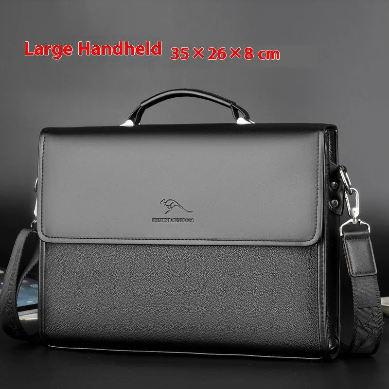 Men's PU leather business crossbody bag in brown portable small size with sewing thread details