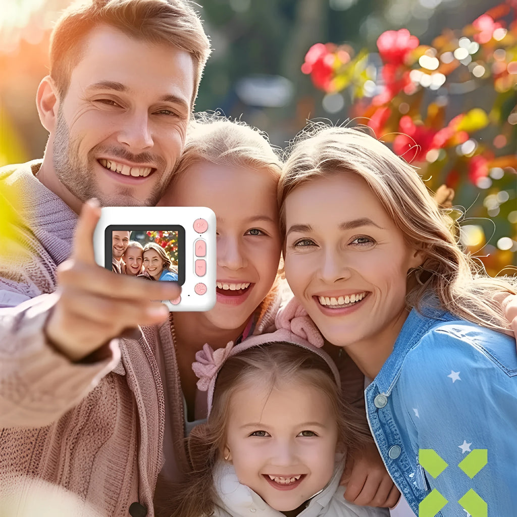 Children's printing camera in plastic body with instant black and white print function, showing camera and printed photo