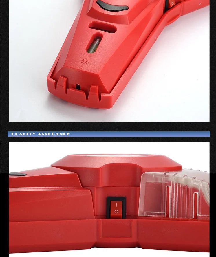 Red portable laser positioning level tool for woodworking and punching alignment on a workbench.