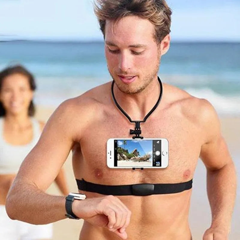 Black adjustable neck phone holder for smartphone, shown being worn for hands-free filming.