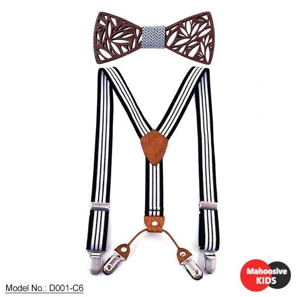 Children's wooden bow tie set with striped suspenders and belt on a boy for wedding