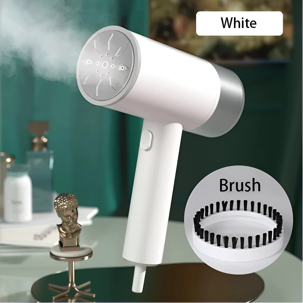 White hand-held hook hanging ironing machine with stainless steel panel and water tank.