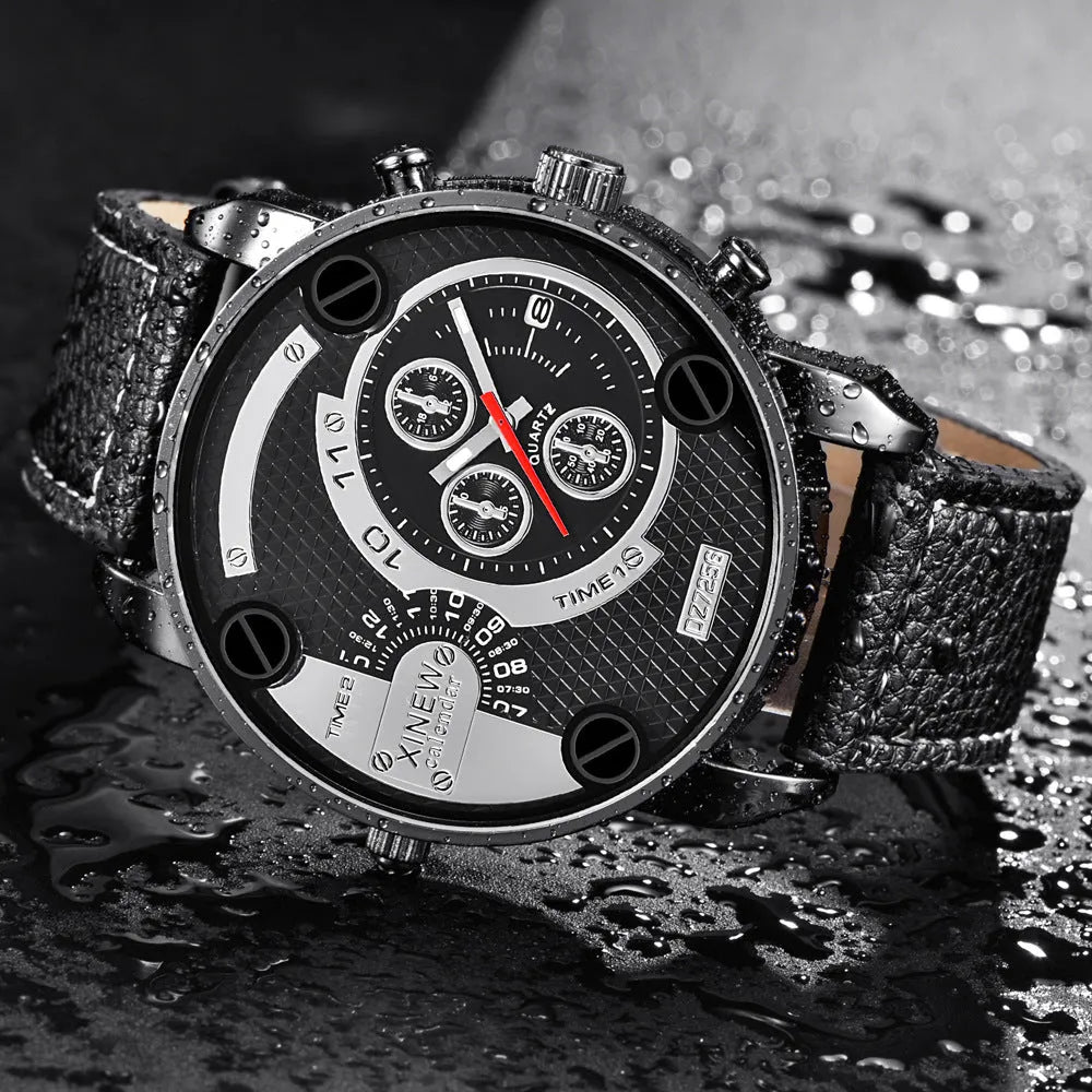 Men's big face watch with leather strap, date display, 5cm dial, 25cm strap, available in black khaki red white