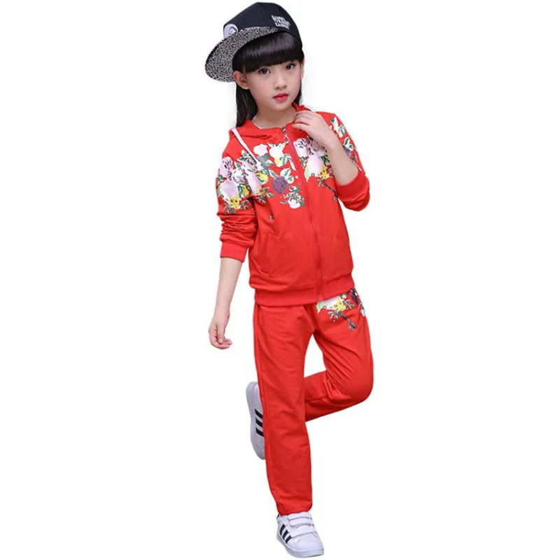Children's two-piece hooded pants suit set in pink, red, or yellow for spring and autumn wear.