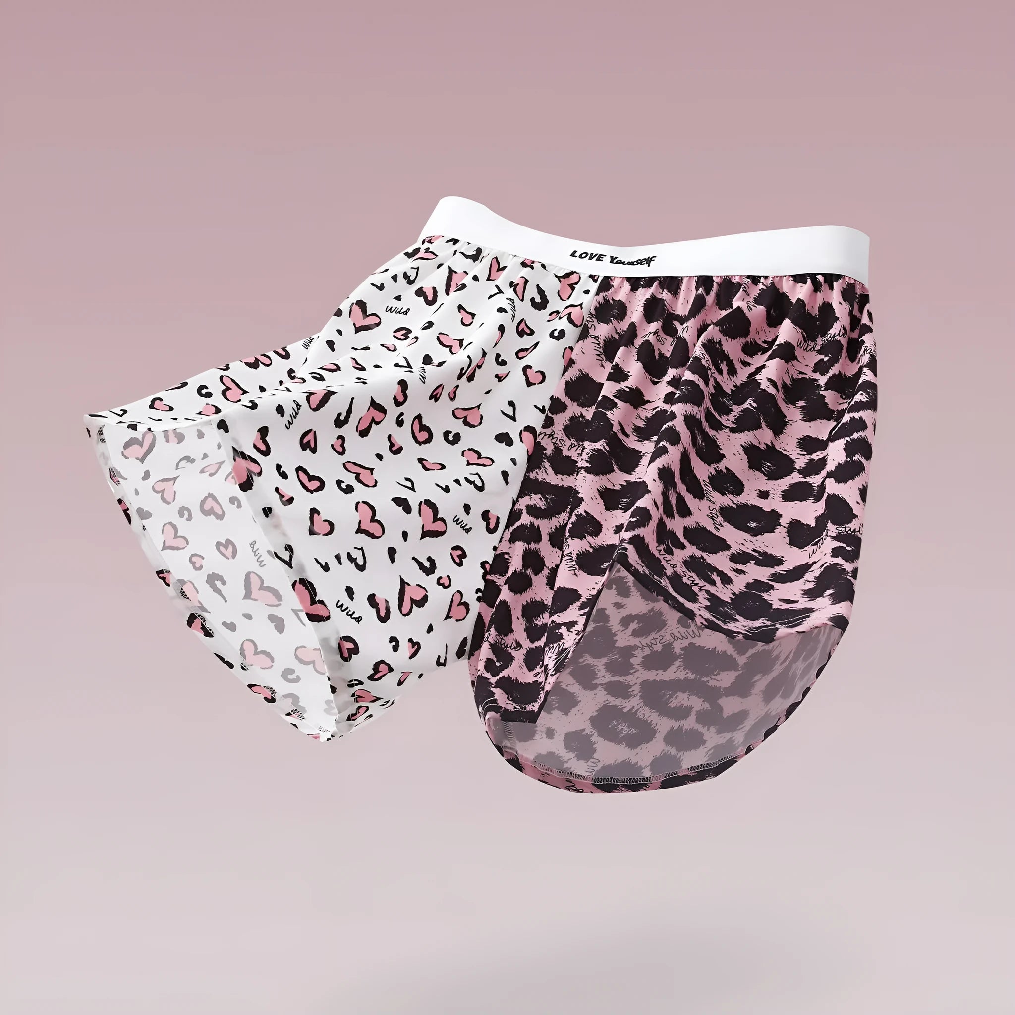 Men's leopard print loose woven boxer briefs in Ice Silk fabric on a neutral background.