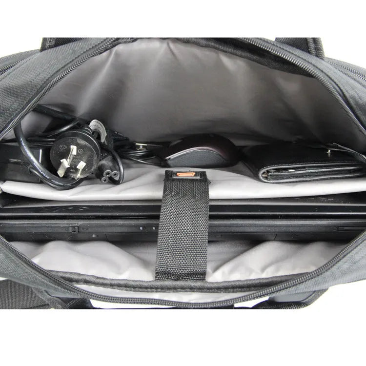 Black one shoulder computer bag in nylon, 14in 15in 17in sizes, with briefcase function and air cushion shock absorption