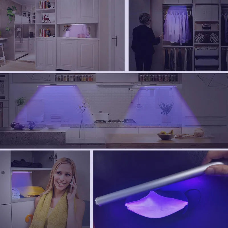 Silver handheld UV disinfection stick with PC and aluminium tube, 20x300mm dimensions, USB rechargeable