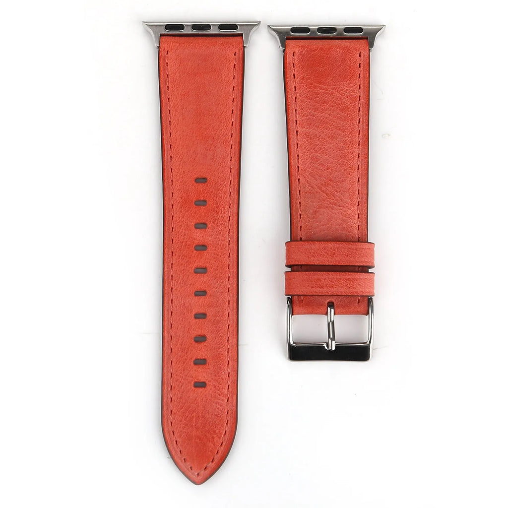 Genuine leather watch strap with a folding buckle, shown in one of six available colours.