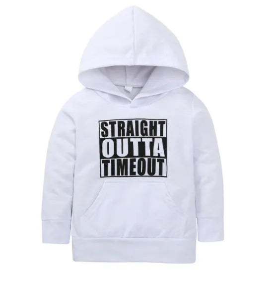 Children's black hooded sweater with white letter pattern, long sleeves, and pullover design