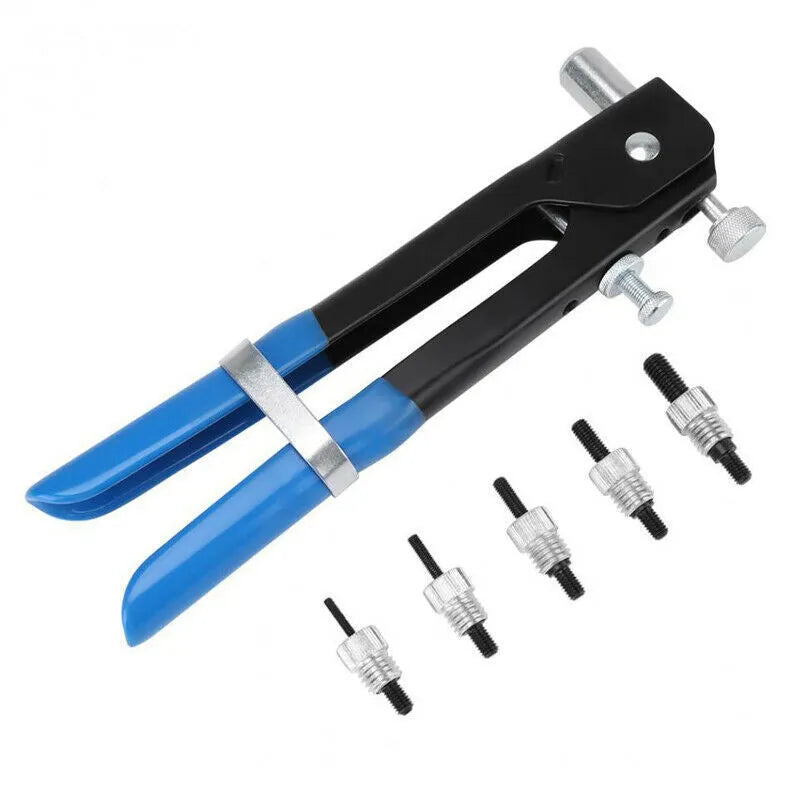 Alloy steel manual riveter tool with assorted nosepieces from a nut gun set.