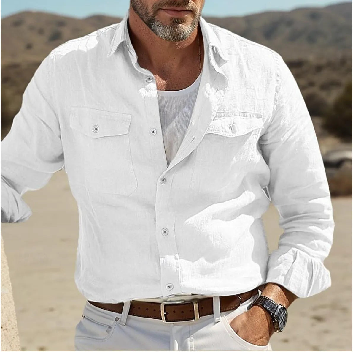 Men's long-sleeved cotton linen shirt in loose fit summer style showing solid colour options