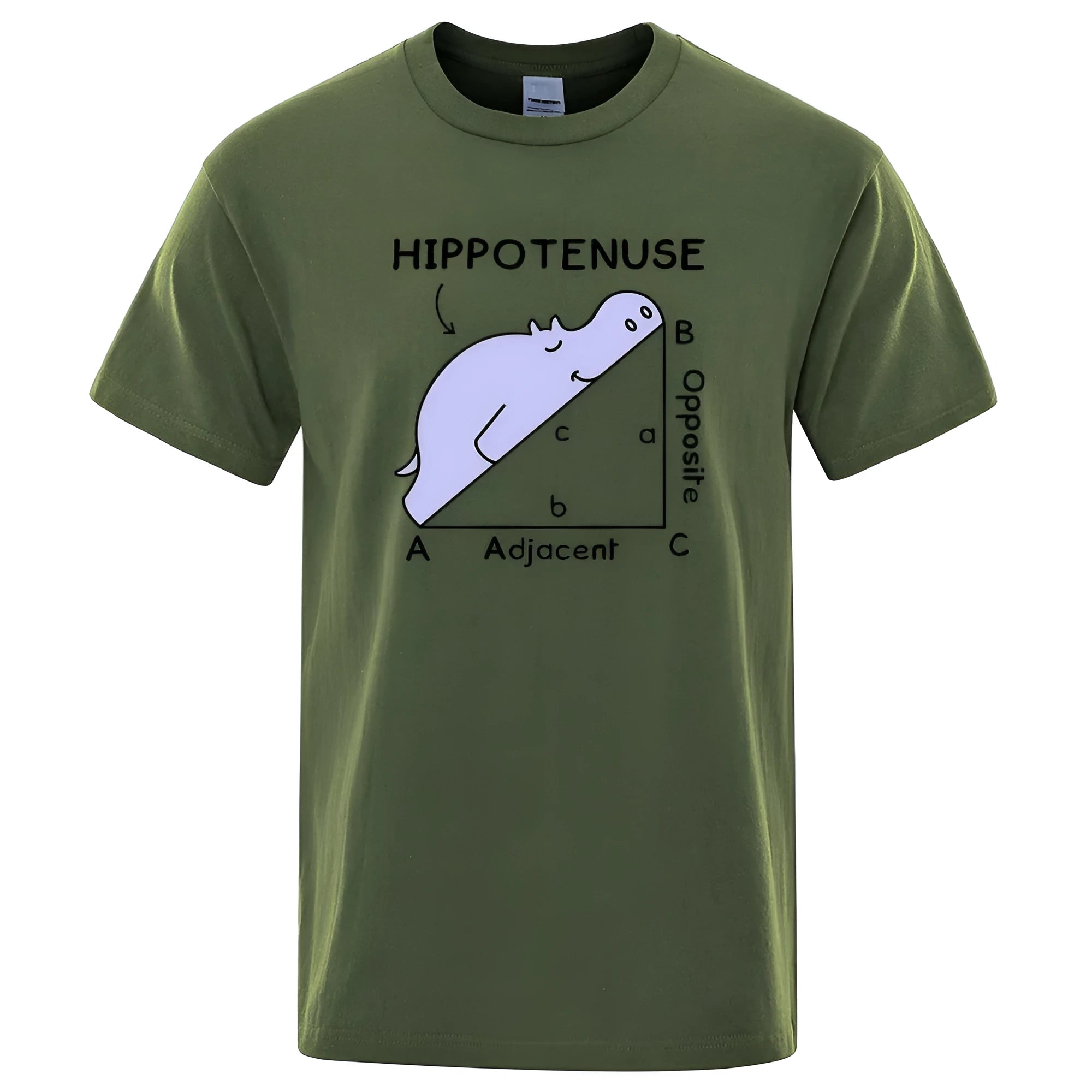 Humorous Hippotenuse Opposite Adjacent printed design on a loose fit cotton t-shirt.