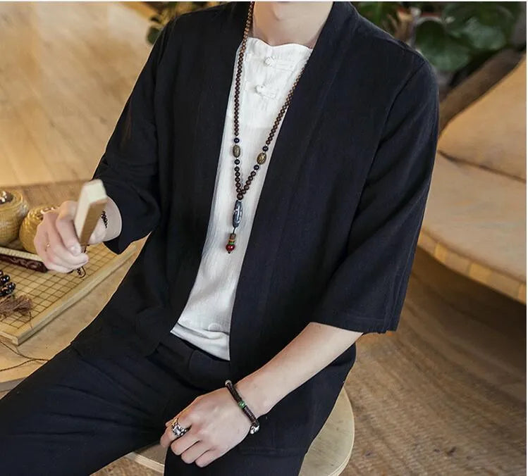 Men's Chinese style cotton linen cardigan shirt with seven-point sleeves, stand collar, and lace-up front in black or hemp colour.