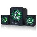 Green 2.1 USB computer speaker with colourful LED lights showing USB and 3.5mm jack ports.