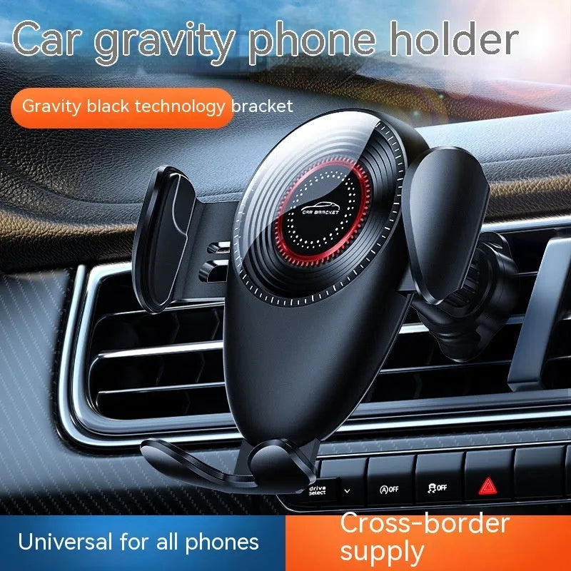 Black car phone bracket mounted on car air vent with mechanical support frame