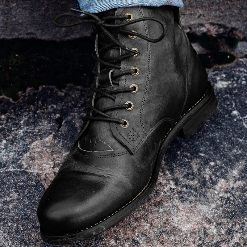 Men's retro cowboy Martin boots, black or brown, side zipper, round toe, 1-3cm low heel, sizes 38-48