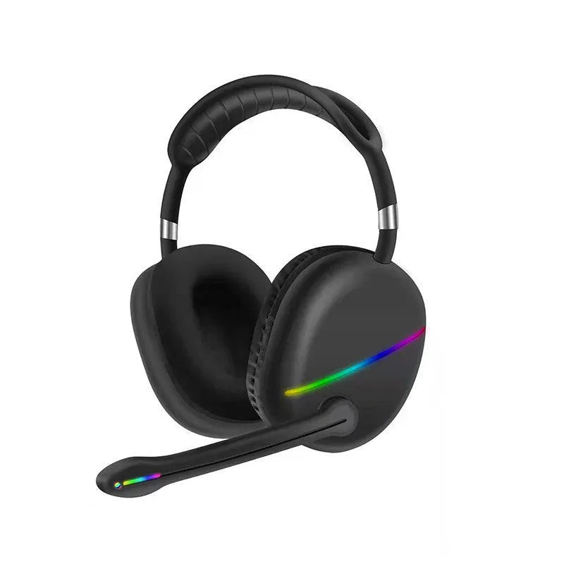 Blue wireless Bluetooth gaming headset with illuminated RGB lights on the earcups