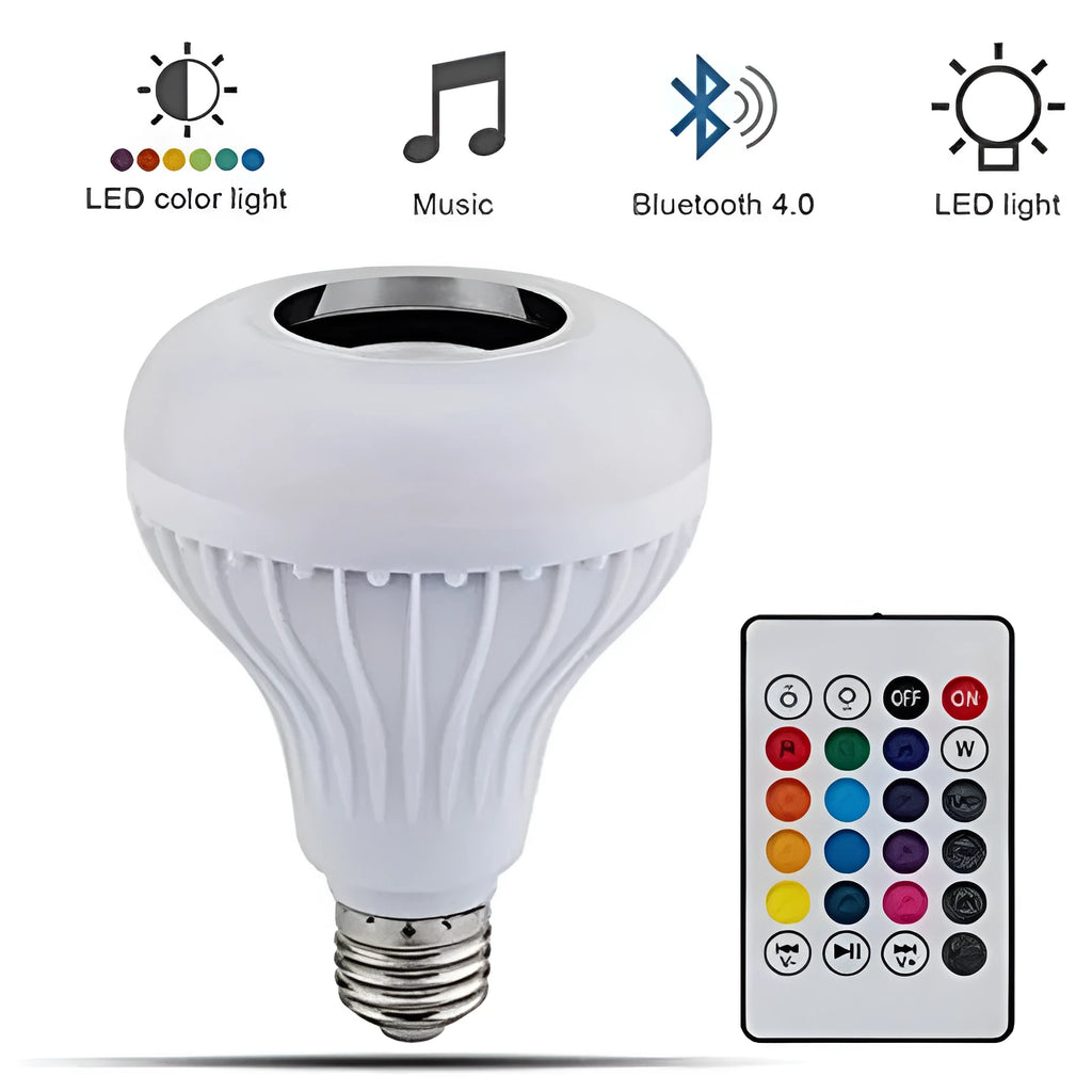 White Bluetooth speaker LED light bulb with E27 base showing multicolour RGB lighting