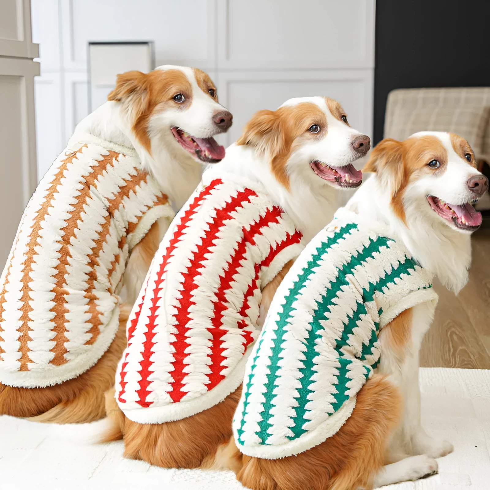 Golden Retriever wearing a red polyester fleece dog coat with casual fit