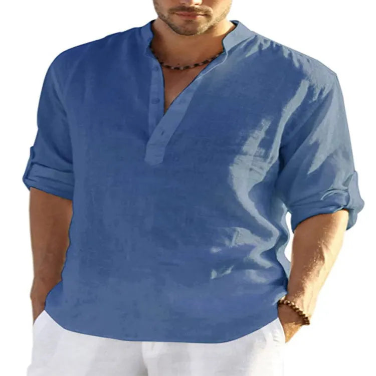 Men's casual long sleeve shirt in a cotton linen blend with a stand collar, shown in a solid colour.
