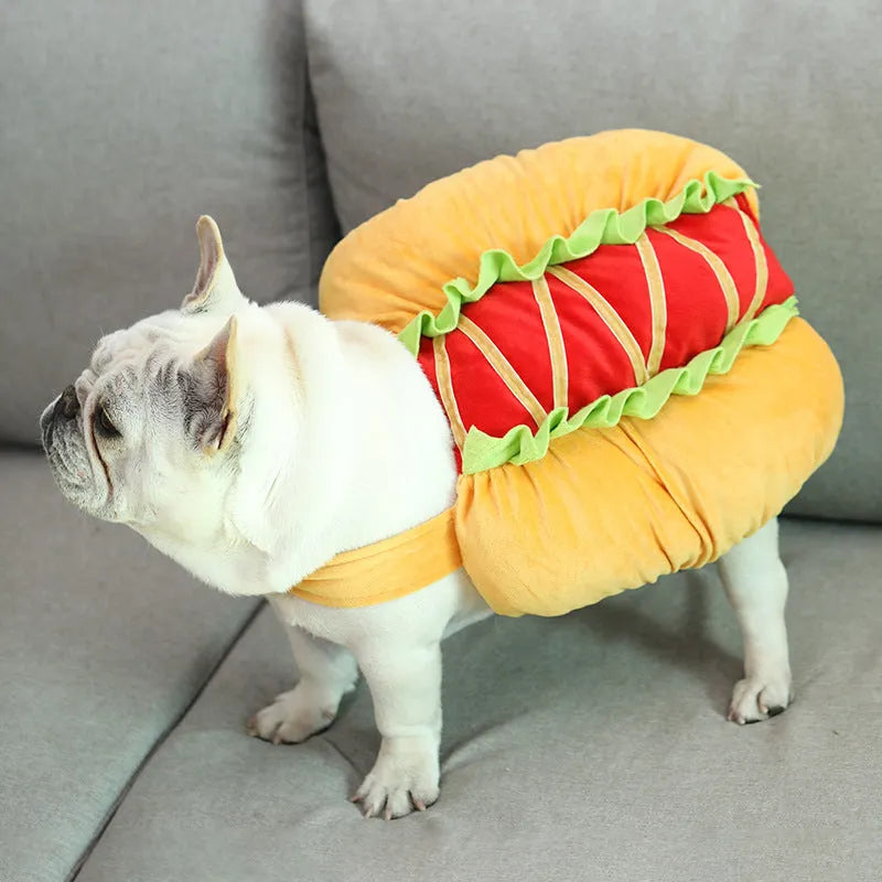 Yellow dog hot dog burger crossdress costume on a dog, showing FB one-size fit with fabric details