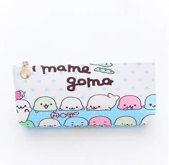 Blue triangle-shaped PU leather pencil case with cartoon pattern and large zipper