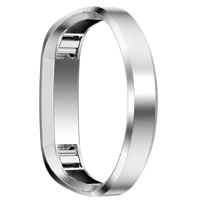Fitbit Alta smart watch with a stainless steel replacement bracelet strap featuring a deployment buckle, shown in silver finish.