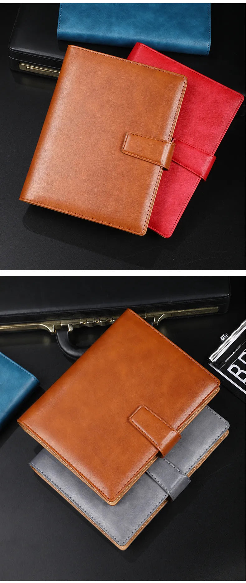 A5 leather notebook with buckle clip and 6-hole binding in multiple colours