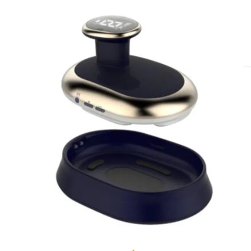 White rechargeable EMS body shaping massager with contact charging base and USB cable