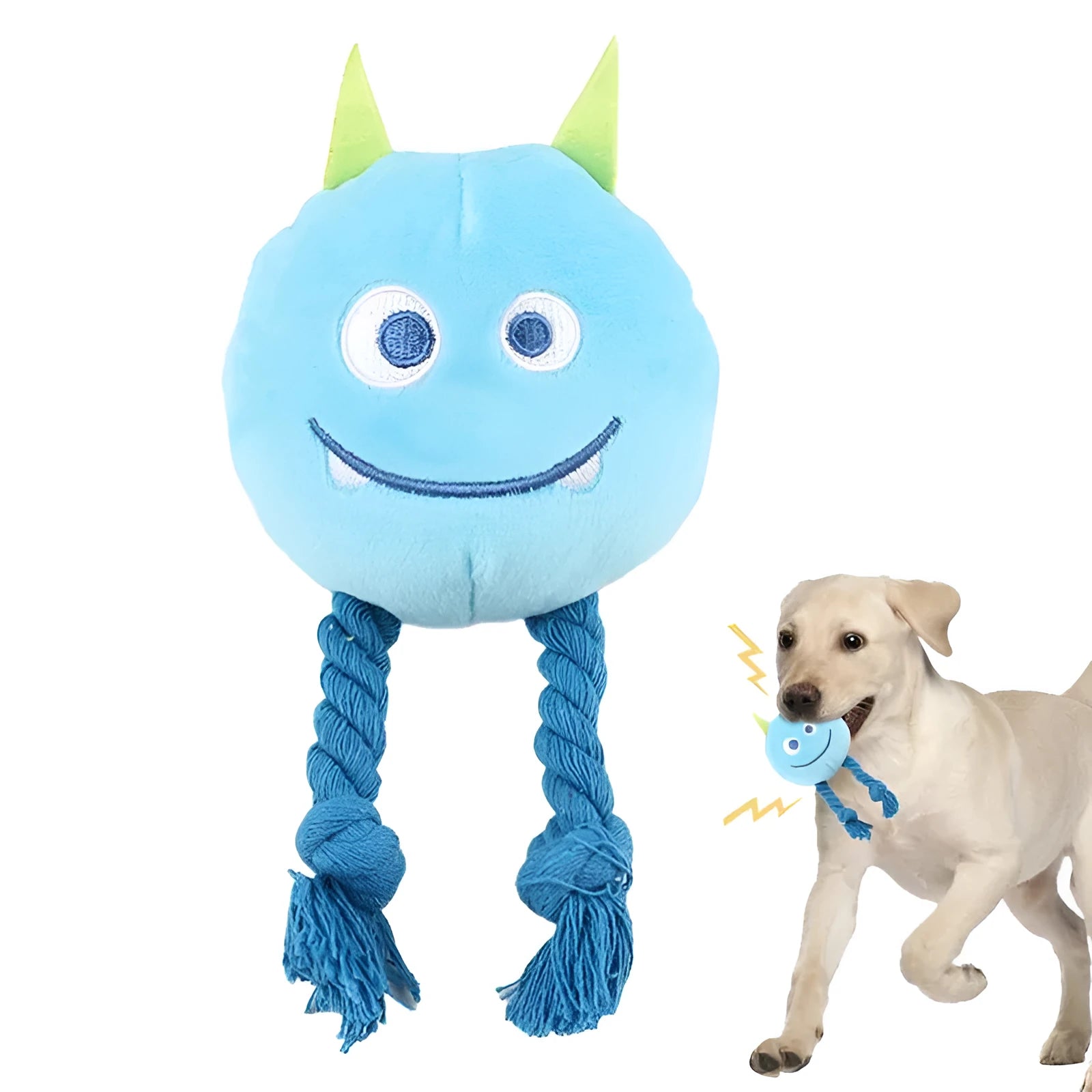 Yellow and blue dog squeaky toy with knot rope design for chewing and dental cleaning