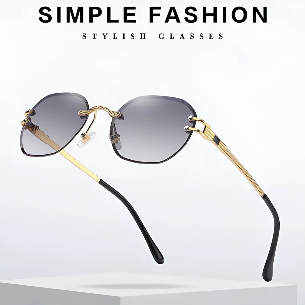 Gold trim sunglasses with gradient ocean lenses showing eight colour options including pink, blue and green variants