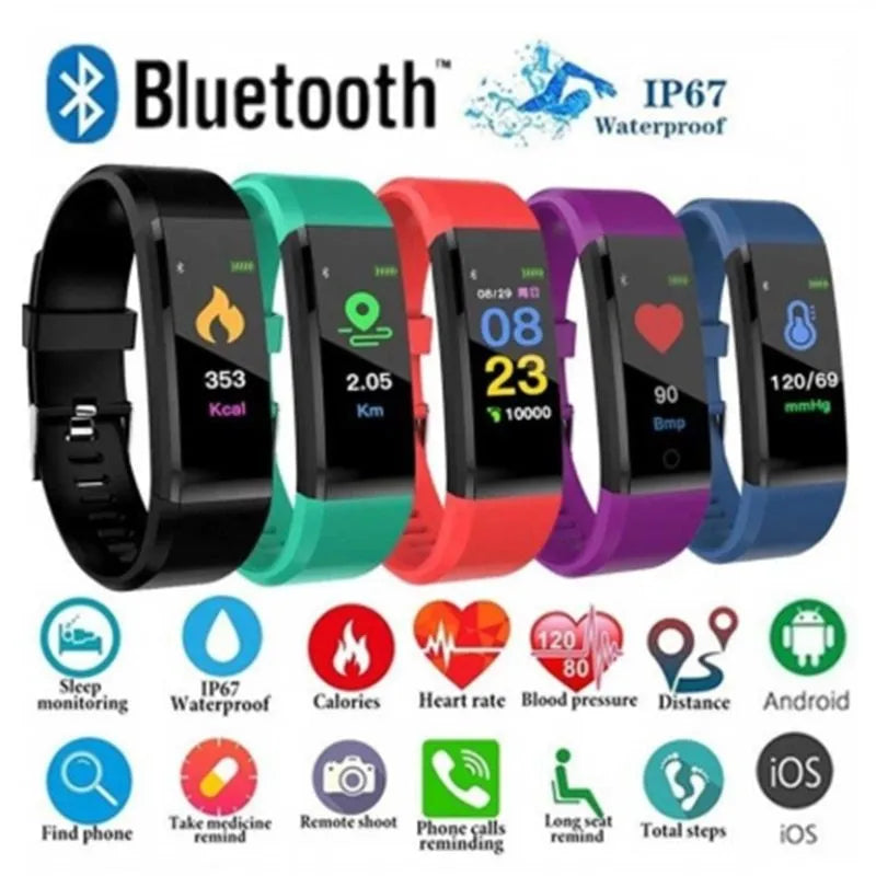 115plus smart wristband with 0.96in colour screen, TPU strap, heart rate monitor, available in black, blue, green, purple, red