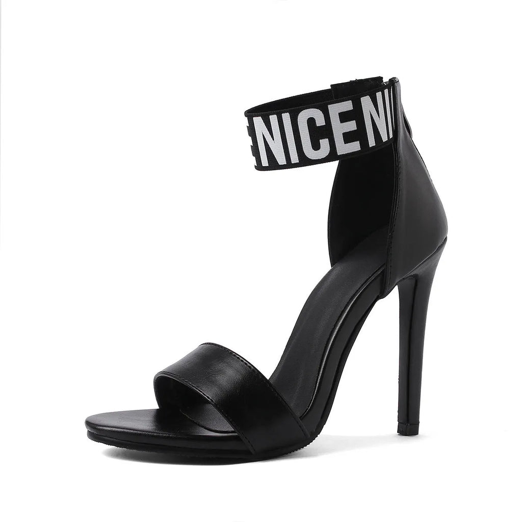 High heel stiletto sandals open toe with buckle strap in black artificial PU