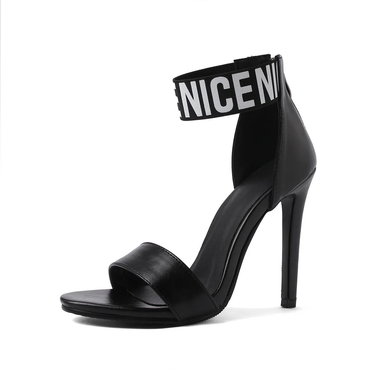 High heel stiletto sandals open toe with buckle strap in black artificial PU