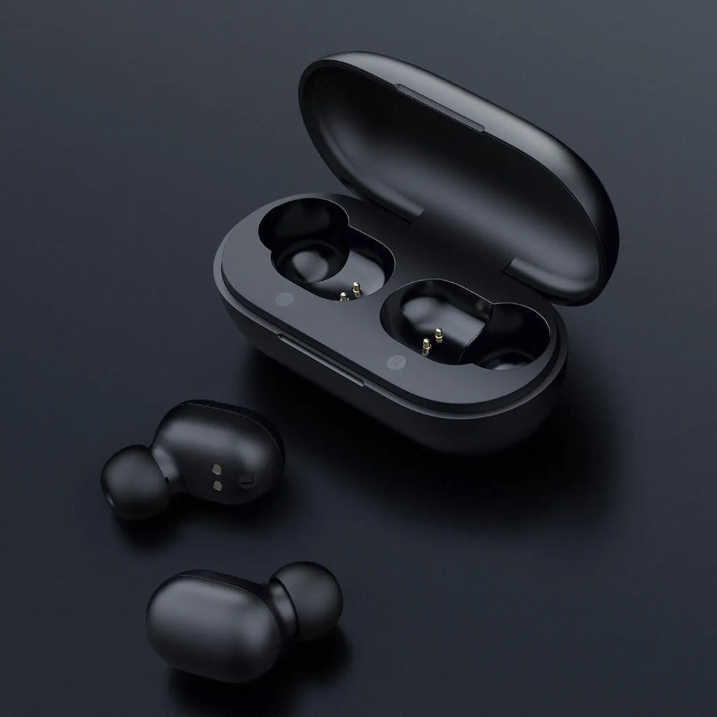 Black true wireless Bluetooth earbud headset showing left and right earbuds.