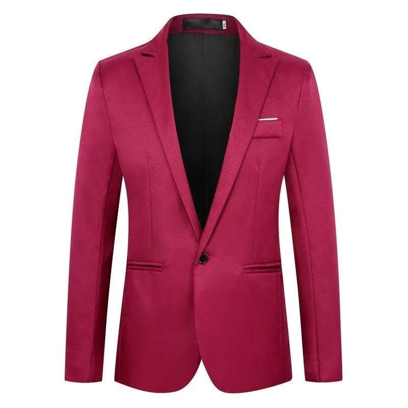 Men's loose fit wedding suit jacket in acetate fibre, shown in a selection of colours.