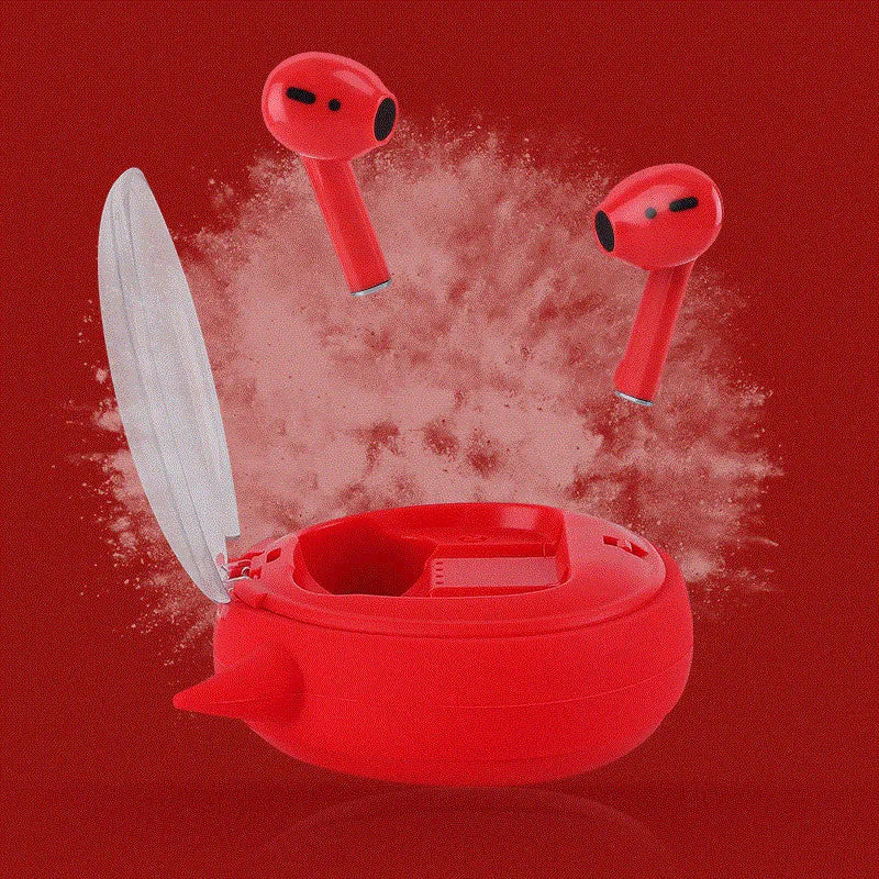 Red true wireless Bluetooth 5.0 in-ear headphones with charging case on a white background