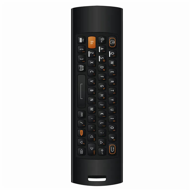Black Mele F10 Deluxe wireless air mouse remote control with QWERTY keyboard and USB receiver.