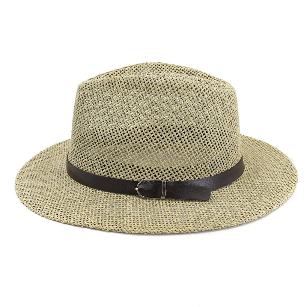 Panama straw hat in khaki with bell crown and woven construction on head