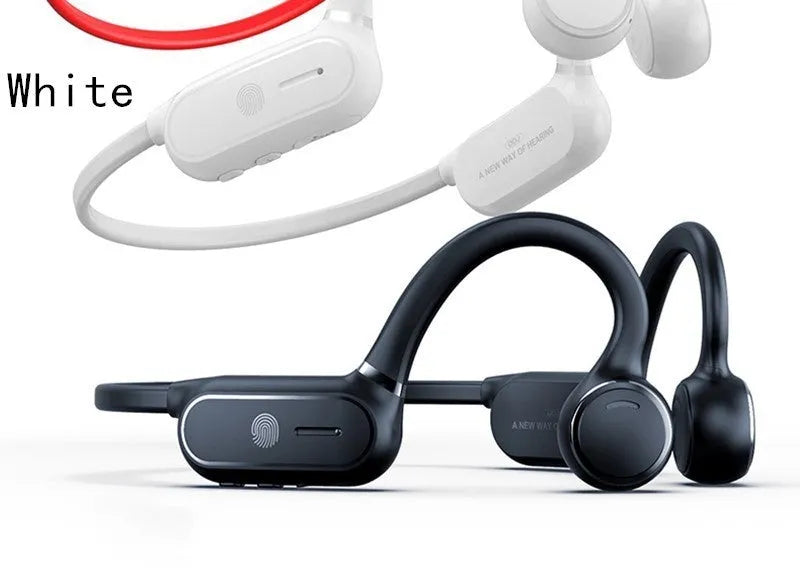 Black and white air conduction Bluetooth wireless earphones with ear-hook design and touch controls.