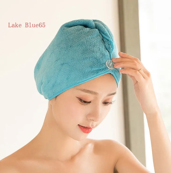 Microfiber hair dryer cap for women, shown in assorted colours including pink and blue.