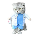 Polyester pet costume with petal collar, skull-design hat and detachable belt in pirate, police or doctor style, sizes S to XL.