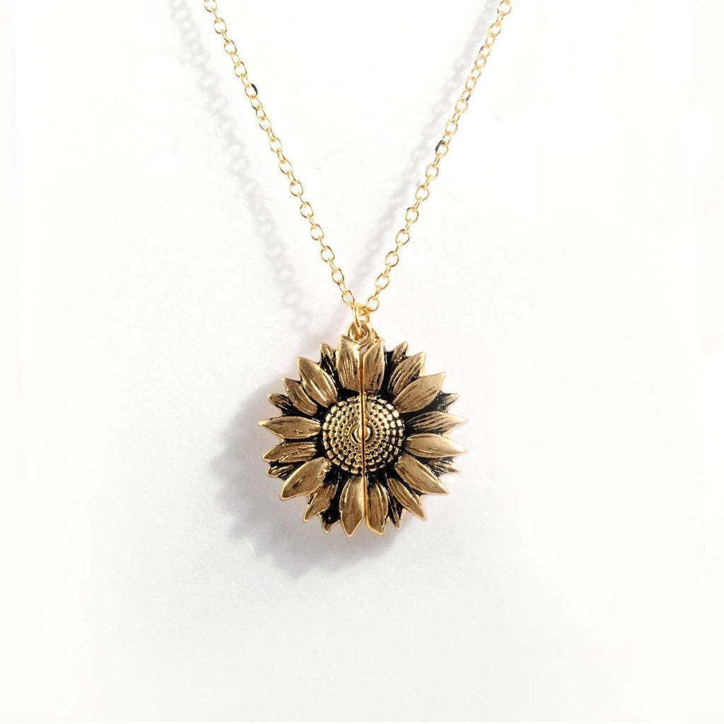 Sunflower double-layer lettering alloy pendant necklace with flower open and close design in gold finish