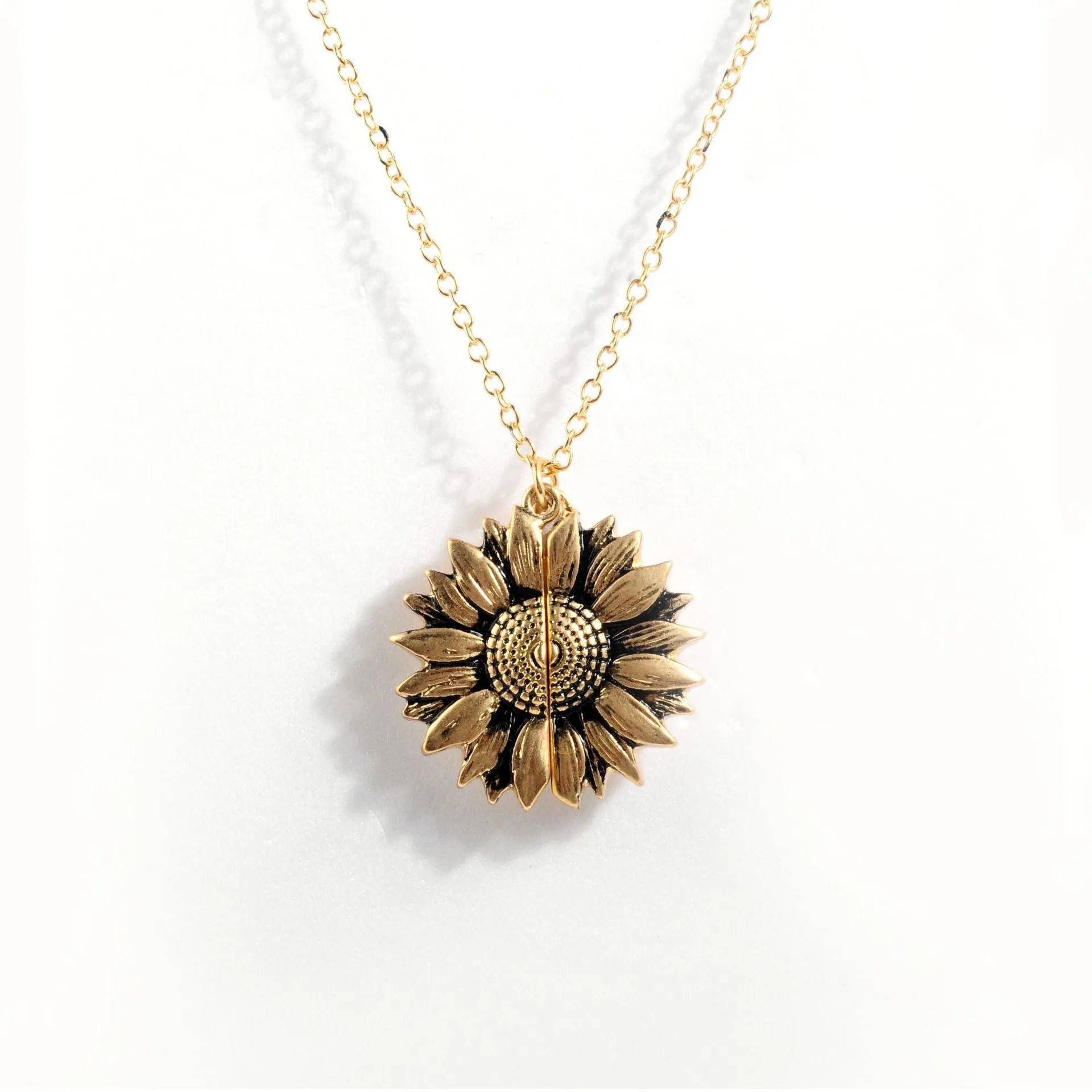 Sunflower double-layer lettering alloy pendant necklace with flower open and close design in gold finish