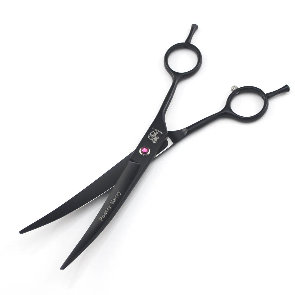 Pet grooming scissors set with straight, curved, and texturing blades in black stainless steel