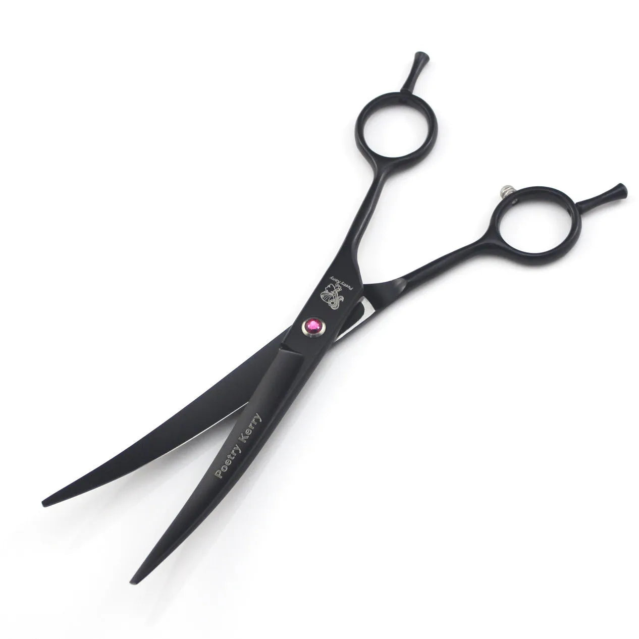 Pet grooming scissors set with straight, curved, and texturing blades in black stainless steel