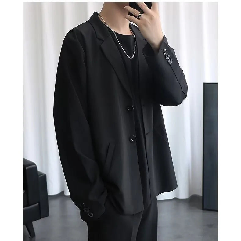 Casual loose corduroy men's jacket in black with semi-hemp lining, polyester fabric